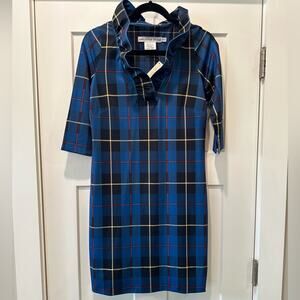 GRETCHEN SCOTT RUFF NECK DRESS - PLAIDLY COOPER - NAVY PLAID Size XS NWT